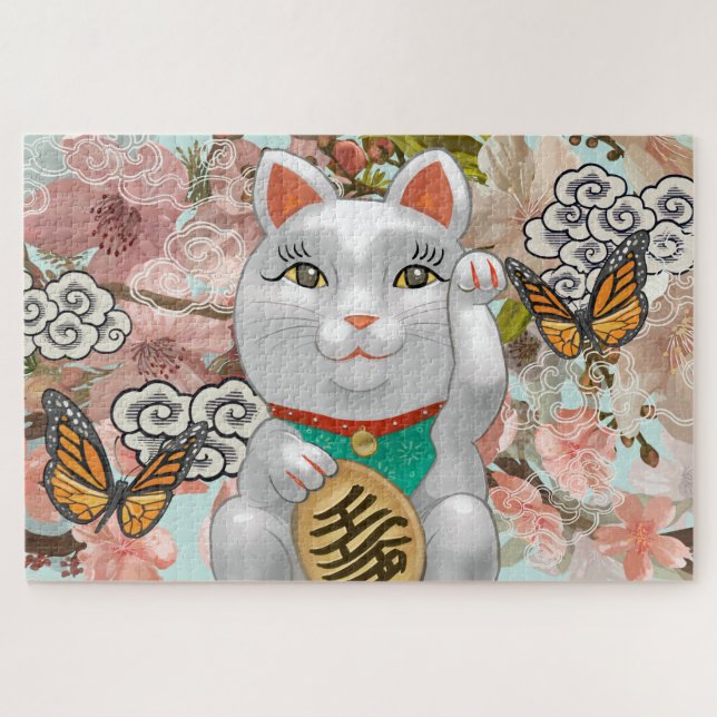 Lucky Japanese Cat | Flower Blossoms Jigsaw Puzzle (Horizontal)