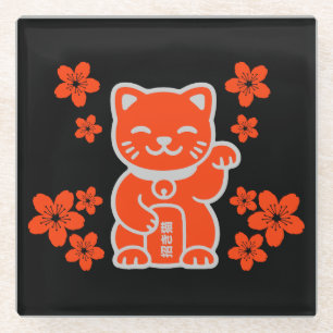 Lucky Japanese Maneki-neko Glass Coaster