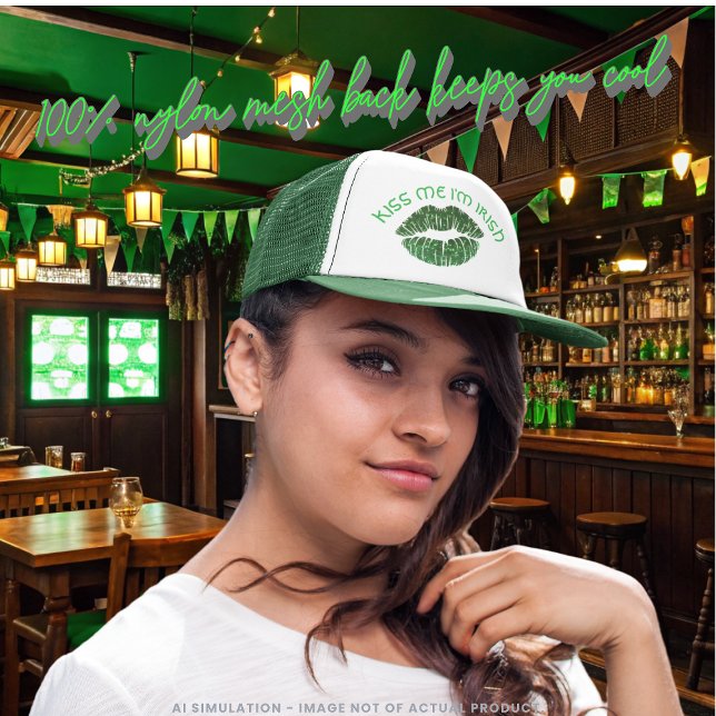 Lucky "Kiss Me I'm Irish" Green Glitter Lip Print Trucker Hat (Creator Uploaded)