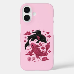 Lucky Koi Yin-Yang Embroidery   Black & Pink Aesth iPhone 16 Case
