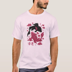 Lucky Koi Yin-Yang Embroidery Black & Pink Aesth T-Shirt