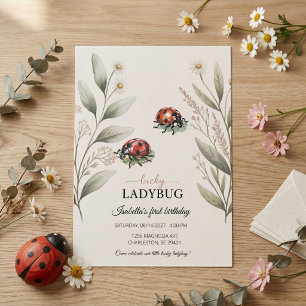 Lucky Ladybug Watercolor Floral Girl 1st Birthday  Invitation