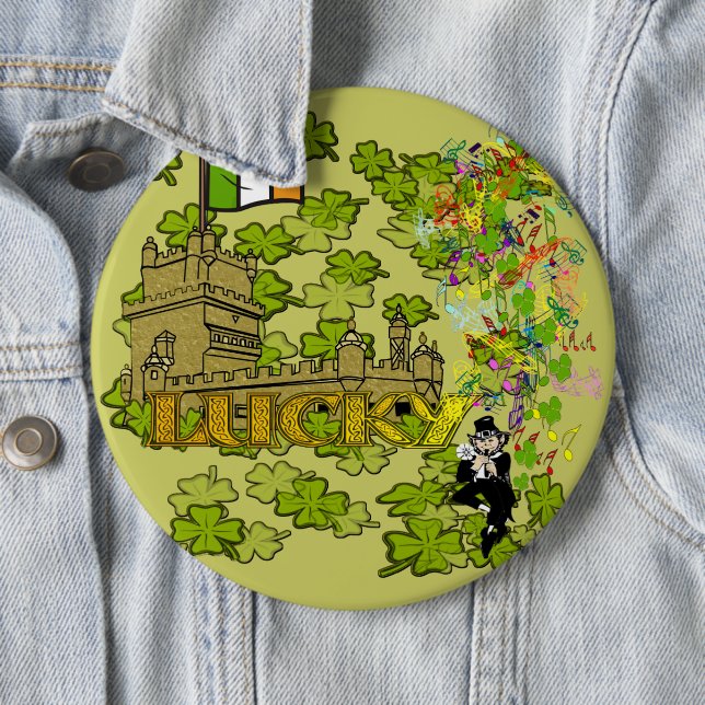 Lucky Leprechaun and His Irish Castle 6 Cm Round Badge (In Situ)