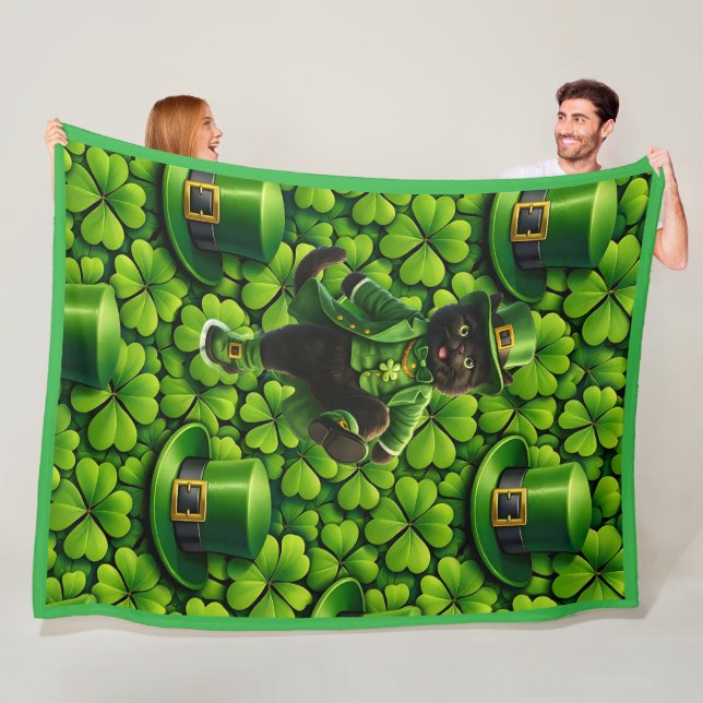 Lucky leprechaun black cat Saint Patrick's Day Pat Fleece Blanket (In Situ)