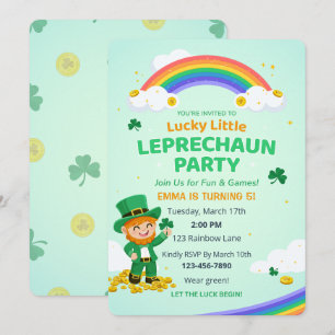 Lucky Little Leprechaun Rainbow Kid Birthday Party Invitation