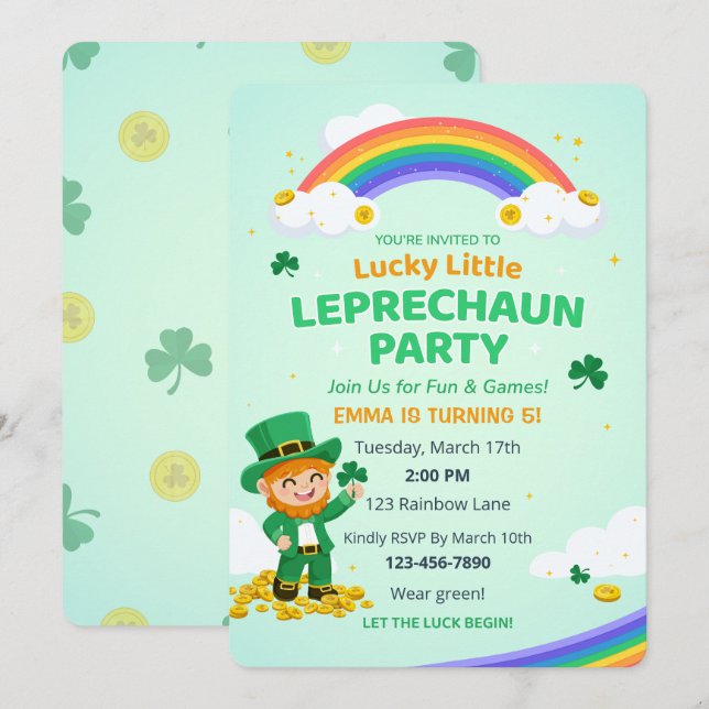 Lucky Little Leprechaun Rainbow Kid Birthday Party Invitation (Front/Back)