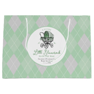 Lucky Little Shamrock Argyle Baby Shower Large Gift Bag