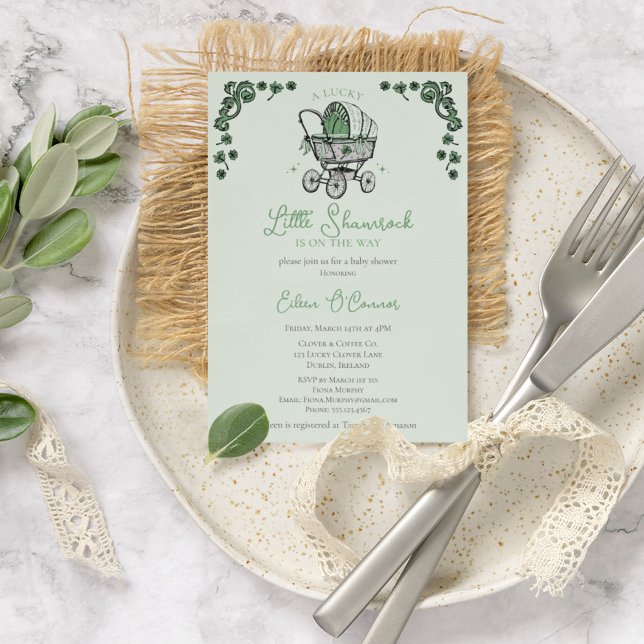 Lucky Little Shamrock St Patricks Baby Shower Invitation (Elegant Pink Irish / St Patrick's Day Baby Shower Vintage Baby Carriage & Lucky Green Shamrocks.)