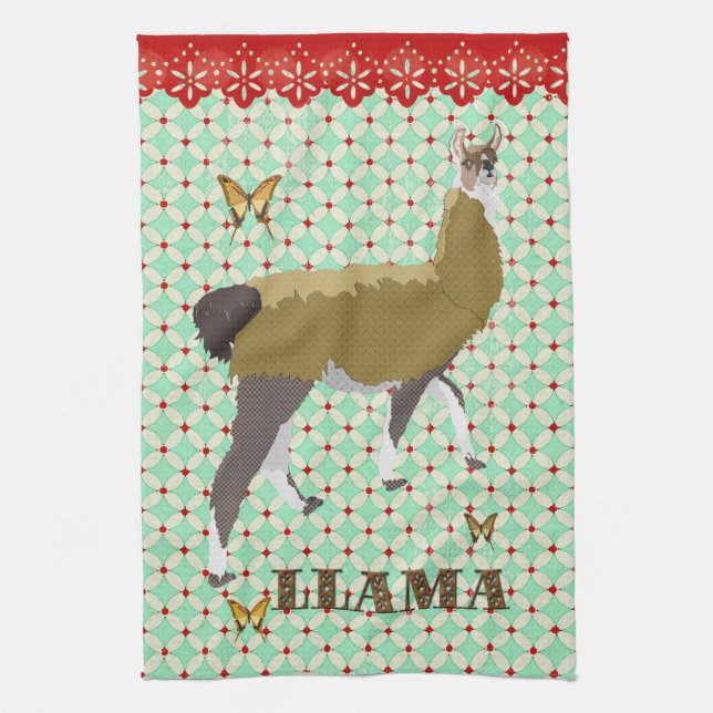 Lucky Llama & Butterfly Retro Ornate Kitchen Towel (Vertical)