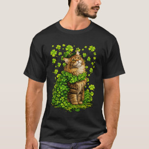 Lucky Maine Coon with Shamrocks Clovers St Patrick T-Shirt