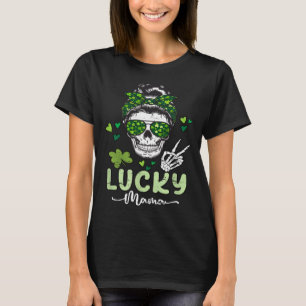 Lucky Mama St Patricks Day Mom Messy Bun Skull Iri T-Shirt