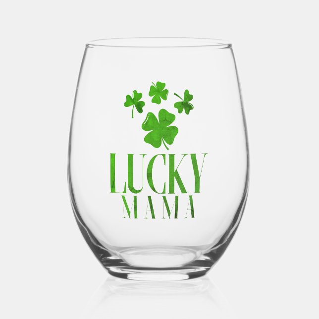 Lucky Mama Stemless Wine Glass – Clover-Cool Cheer (Front)