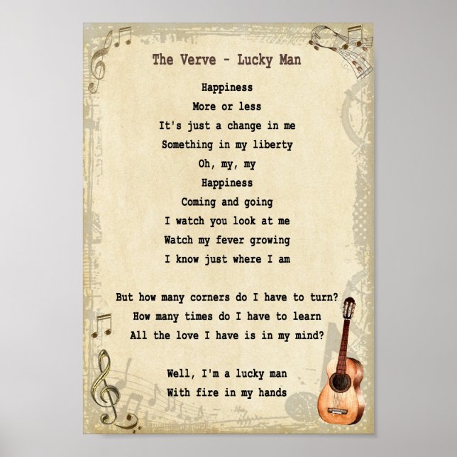 Lucky Man Song Lyric Vintage Wall Art Print (Front)
