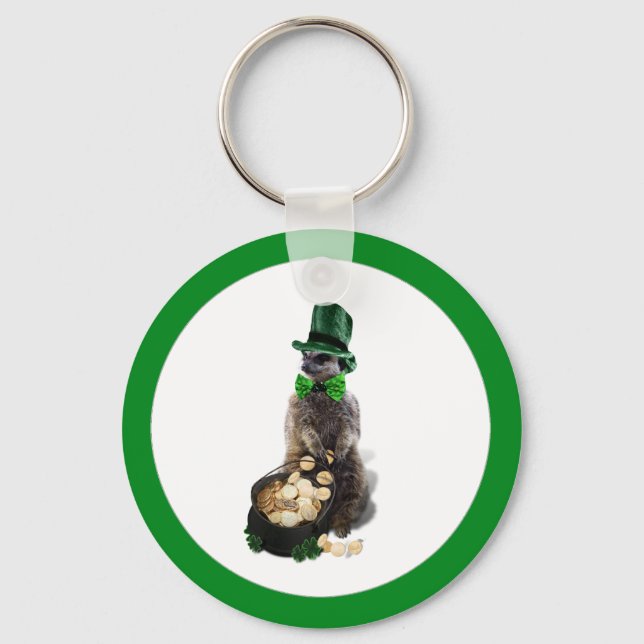 Lucky Meerkat with Pot Of Gold St. Patrick's Day Key Ring (Front)