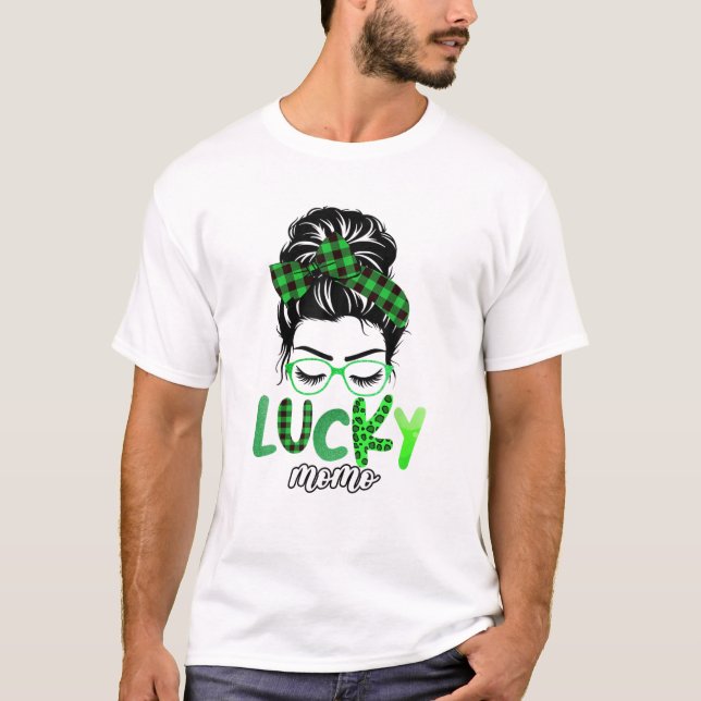 Lucky Momo Leopard Plaid Messy Bun Irish St Patric T-Shirt (Front)