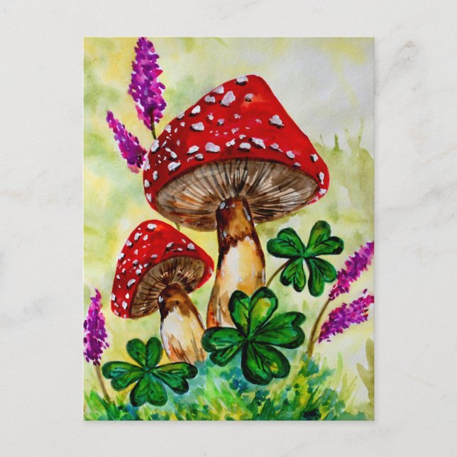 Lucky Mushrooms and Lavender Postcard (Front)