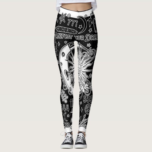 Lucky Numerology Manifesting Magic Black & White  Leggings (Front)