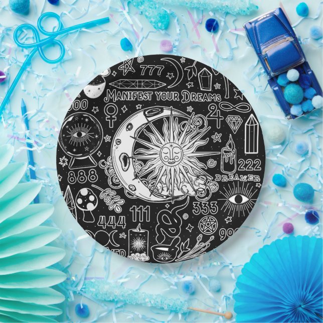 Lucky Numerology Manifesting Magic Black & White  Paper Plate (Party)