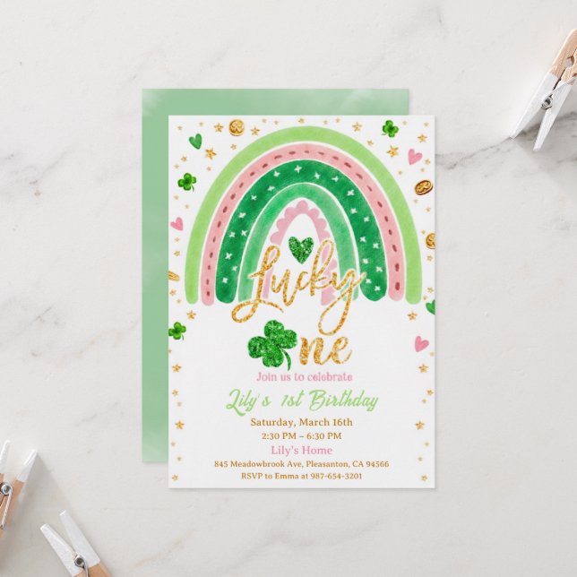 Lucky One 1st Birthday Invitation (Front/Back In Situ)