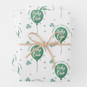 Lucky One 1st Birthday St Patricks Clover Balloon Wrapping Paper Sheet