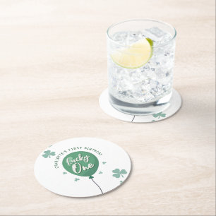 Lucky One 1st Birthday St Patricks Day Clover Round Paper Coaster