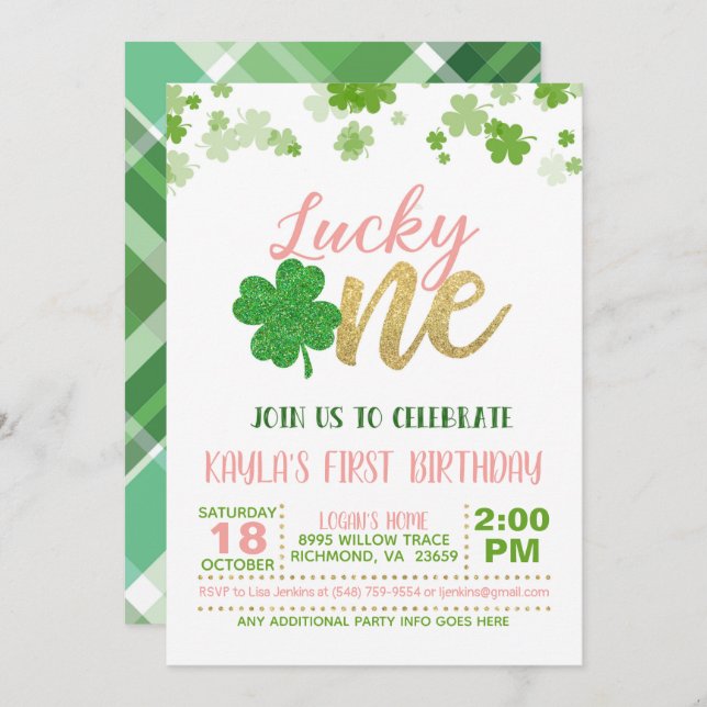 Lucky One Birthday Invitation - Girl (Front/Back)