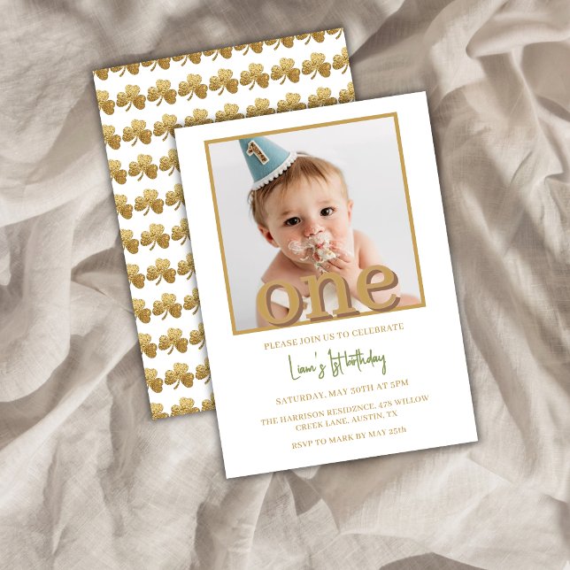 Lucky One Boy First Birthday Photo Invitation  (Creator Uploaded)