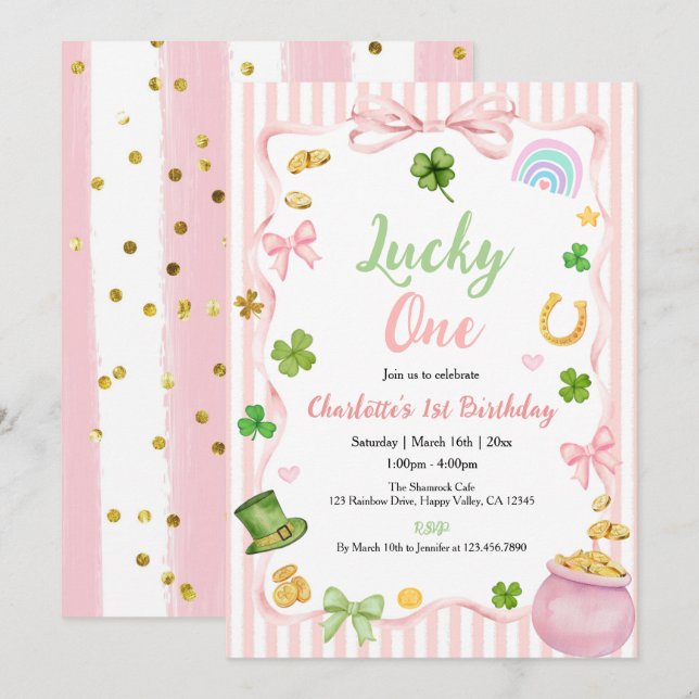 Lucky One Girl 1st Birthday Invitation Pink Gold (Front/Back)