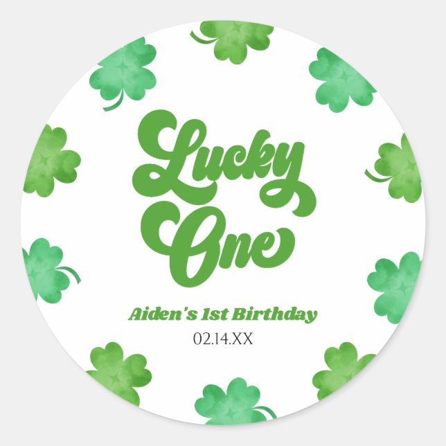 Lucky One Green Shamrock Clover 1st Birthday Party Classic Round Sticker (Front)