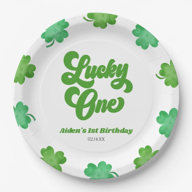 Lucky One Green Shamrock Clover 1st Birthday Party Paper Plate (Front)