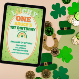 Lucky One Orange Shamrock Rainbow 1st Birthday Invitation