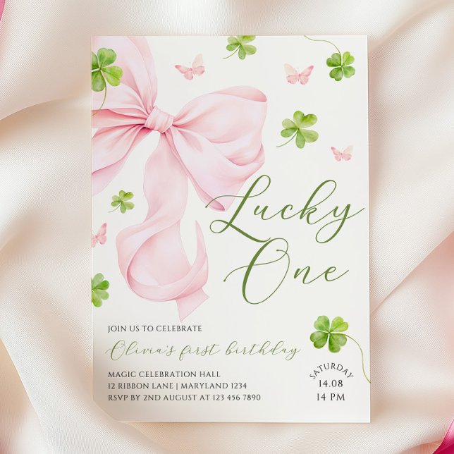 Lucky One Pink Bow 1st Birthday Invitation (Creator Uploaded)