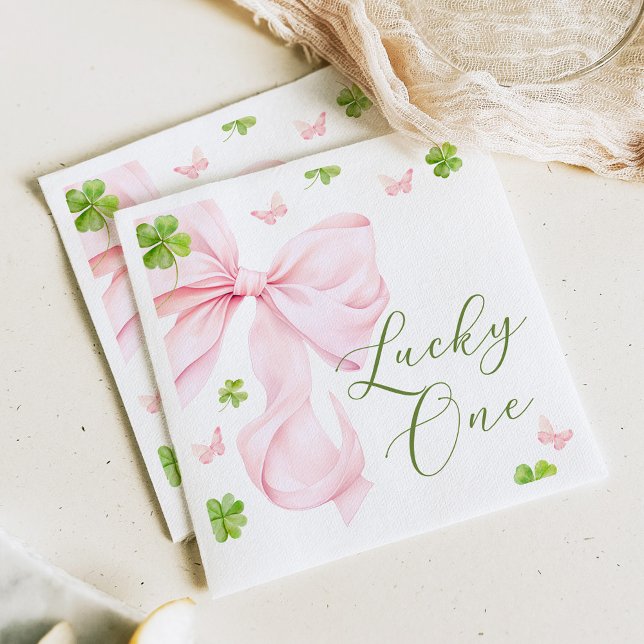 Lucky One Pink Bow 1st Birthday Napkin (Creator Uploaded)
