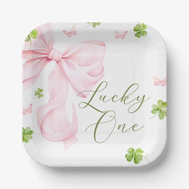 Lucky One Pink Bow 1st Birthday Paper Plate (Front)
