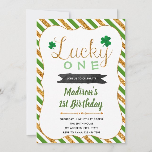 Lucky one shamrock birthday invitation card (Front)