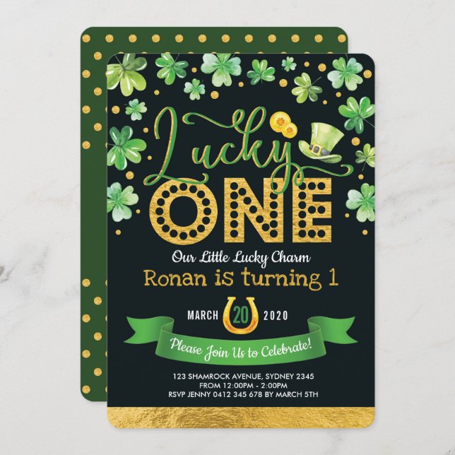 Lucky One St. Patrick's Day Shamrock 1st Birthday Invitation (Front/Back)