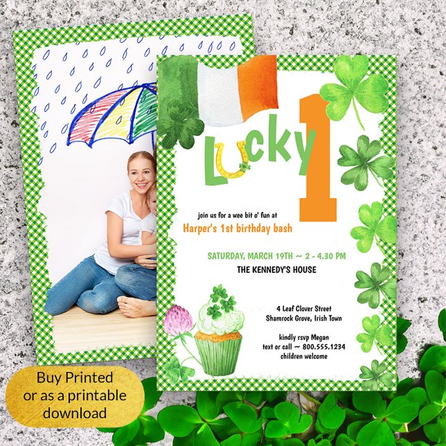 Lucky One St Patricks Portrait Photo 1st Birthday Invitation (Lucky 1 First Birthday Photo Invitation)