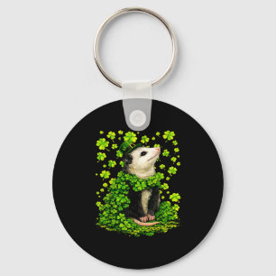 Lucky opossum with shamrocks clovers st patricks key ring