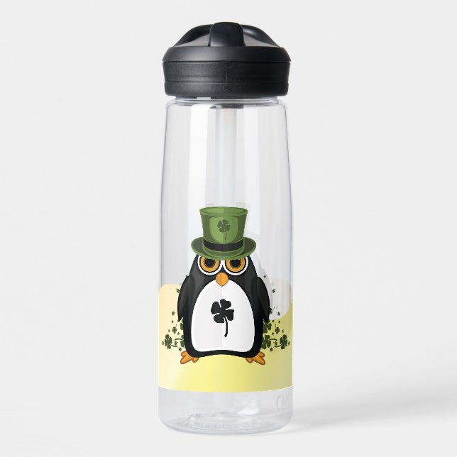 Lucky Penguin Shamrock Four Leaf Clover Water Bottle (Front)
