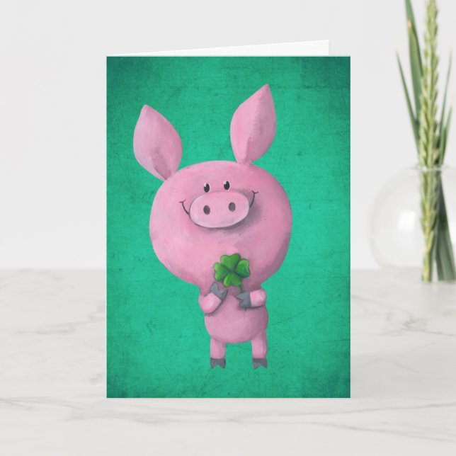 Lucky pig with lucky four leaf clover card (Front)