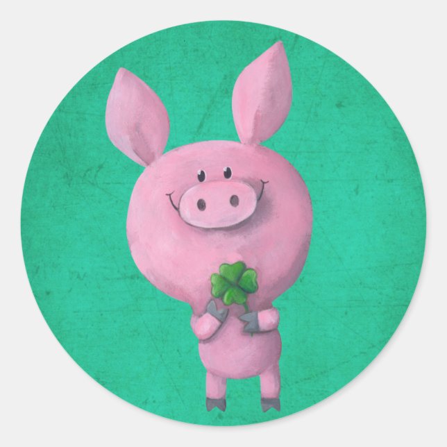 Lucky pig with lucky four leaf clover classic round sticker (Front)