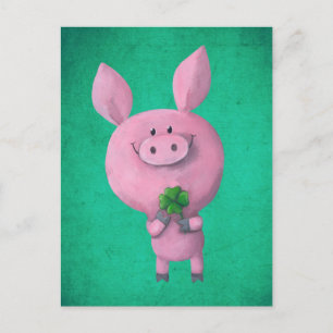 Lucky pig with lucky four leaf clover postcard