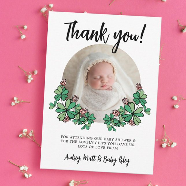Lucky Pink Clovers Photo Girl Baby Shower Thank You Card (Creator Uploaded)