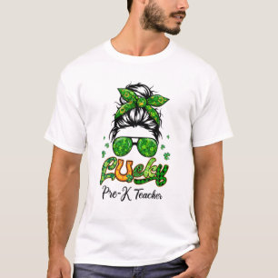 Lucky Pre-K Teacher Patricks Day Bun Hair Plaid Sh T-Shirt
