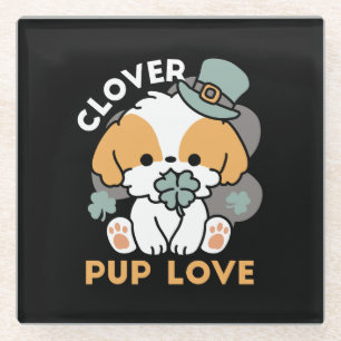 Lucky Pup with Clover – St. Patrick's Day Gift Glass Coaster