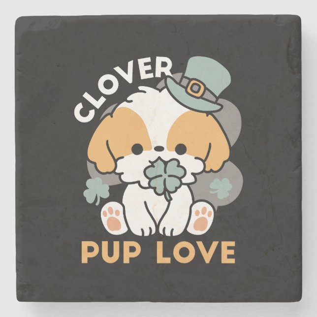 Lucky Pup with Clover – St. Patrick's Day Gift Stone Coaster (Front)