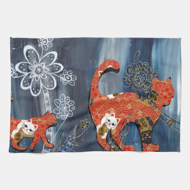Lucky Red Cats Tea Towel (Horizontal)