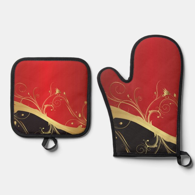 Lucky Red Modern Design Oven Mitt & Pot Holder Set (Front)