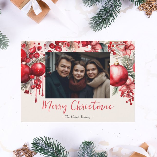 Lucky Red Poinsettia Family Photo  Holiday Card (Creator Uploaded)