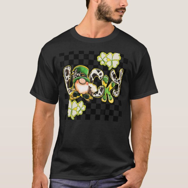 Lucky Retro Leopard Gnome St Patrick Day Chequered T-Shirt (Front)